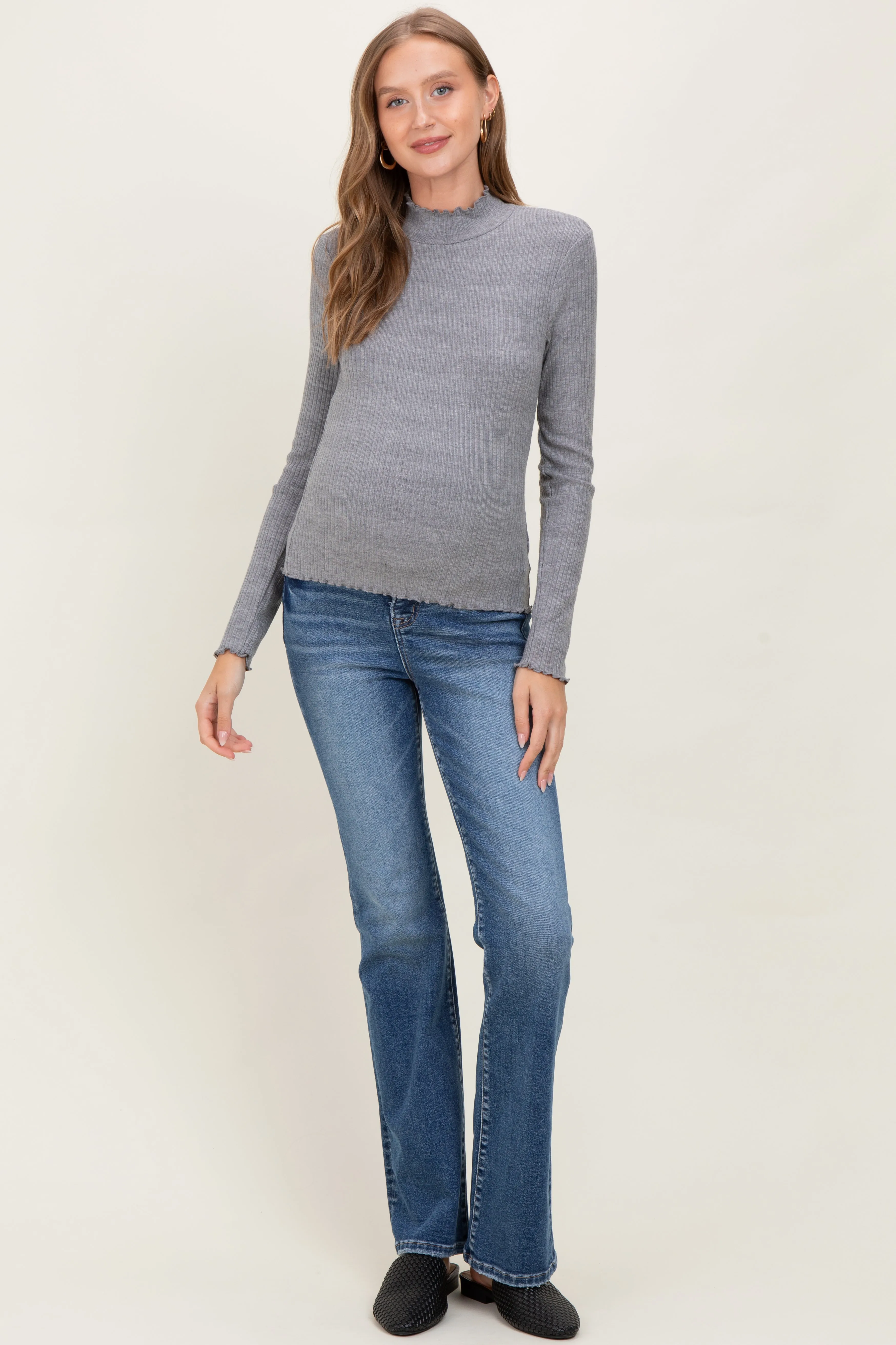 Gray Lettuce Edge Mock Neck Long Sleeve Rib Maternity Top sold by Pinkblush product image thumbnail 2