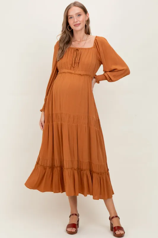 Camel Square Neck Long Sleeve Maternity Maxi Dress sold by Pinkblush