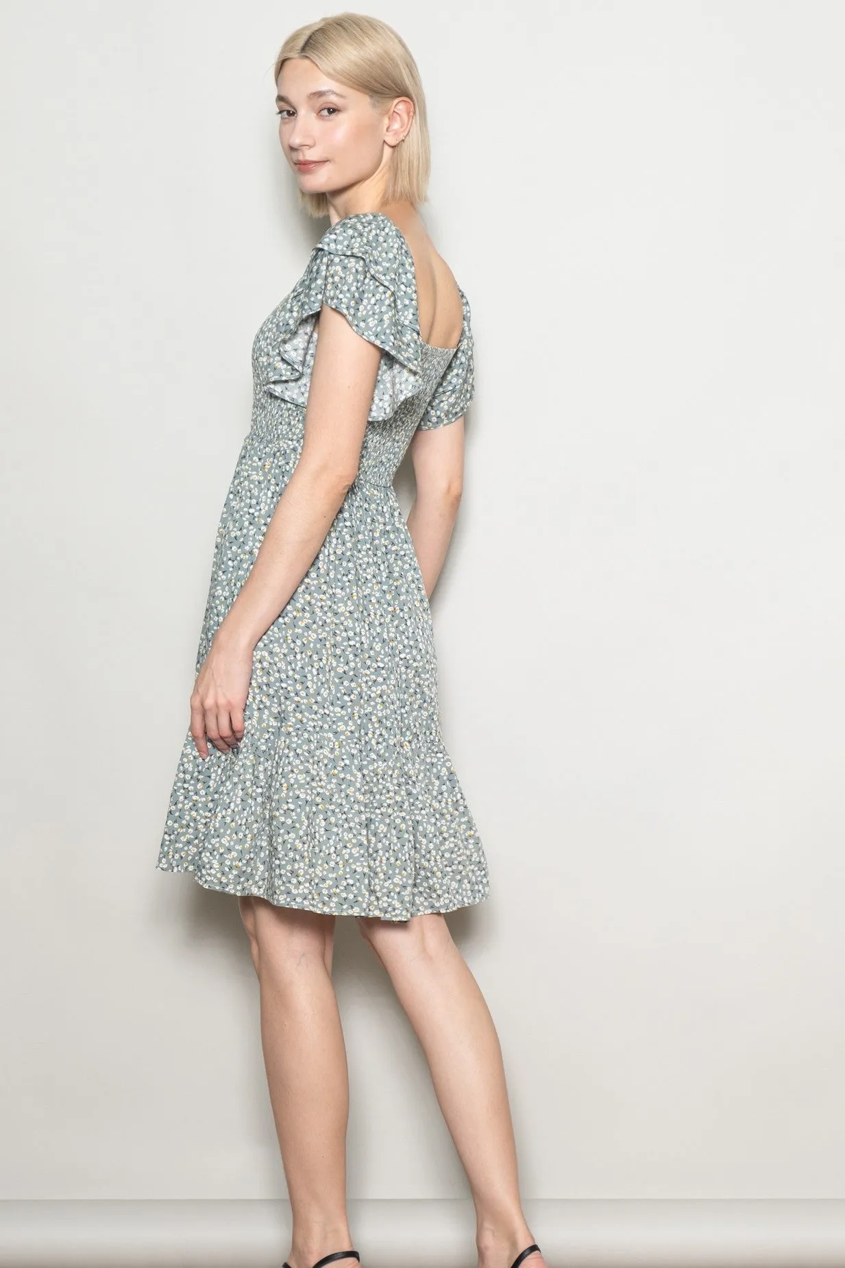 Light Olive Floral Smocked Flutter Sleeve Dress sold by Pinkblush product image thumbnail 4