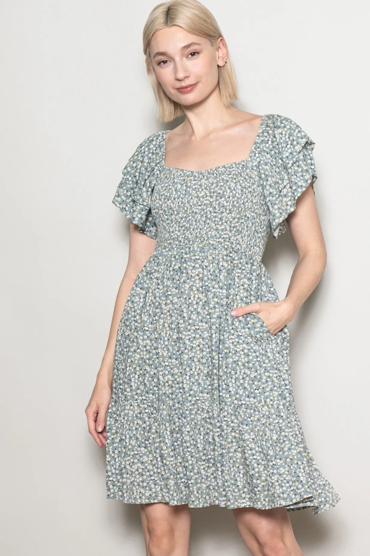Light Olive Floral Smocked Flutter Sleeve Dress sold by Pinkblush