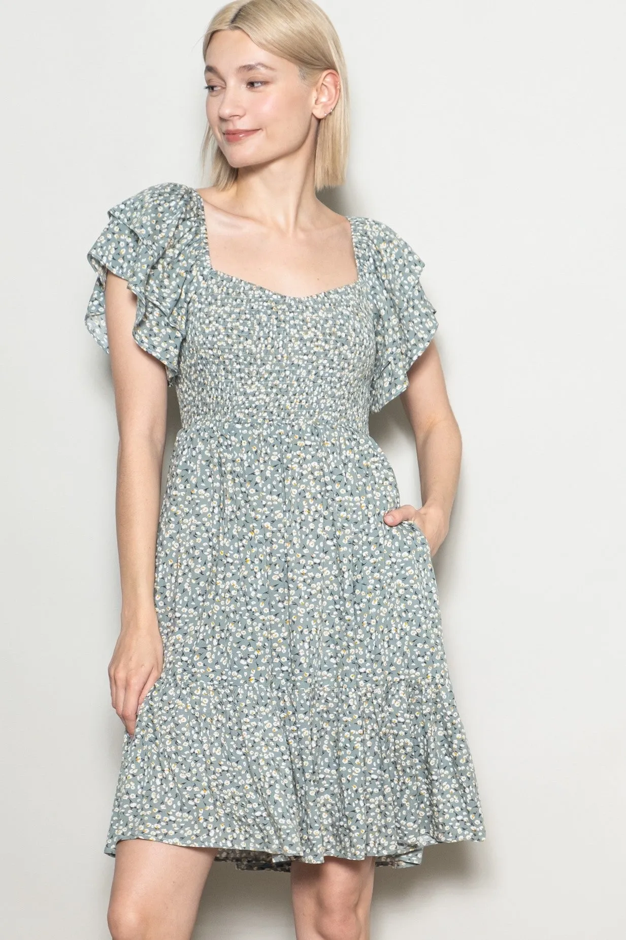 Light Olive Floral Smocked Flutter Sleeve Dress sold by Pinkblush product image thumbnail 2