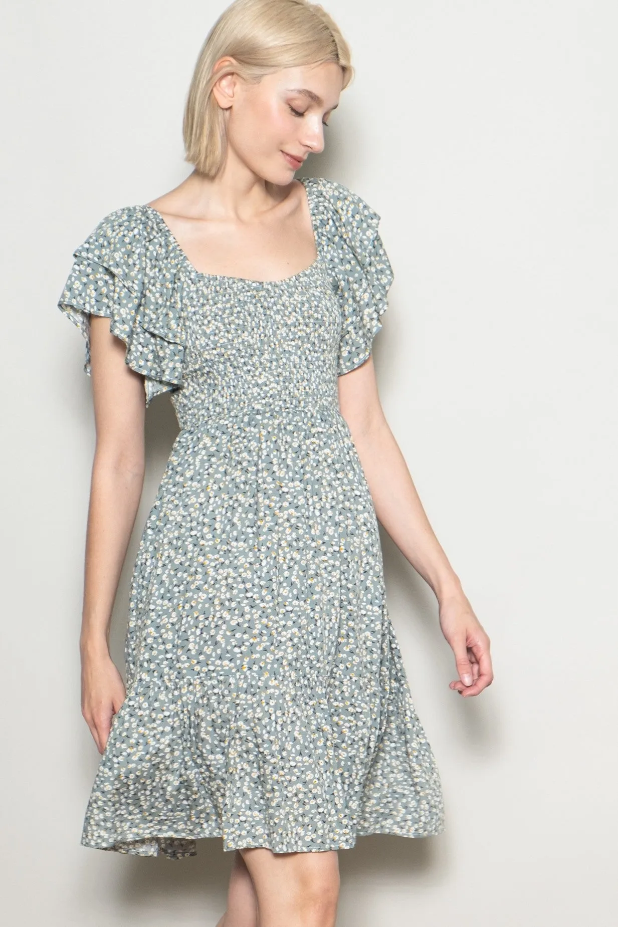 Light Olive Floral Smocked Flutter Sleeve Dress sold by Pinkblush product image thumbnail 3