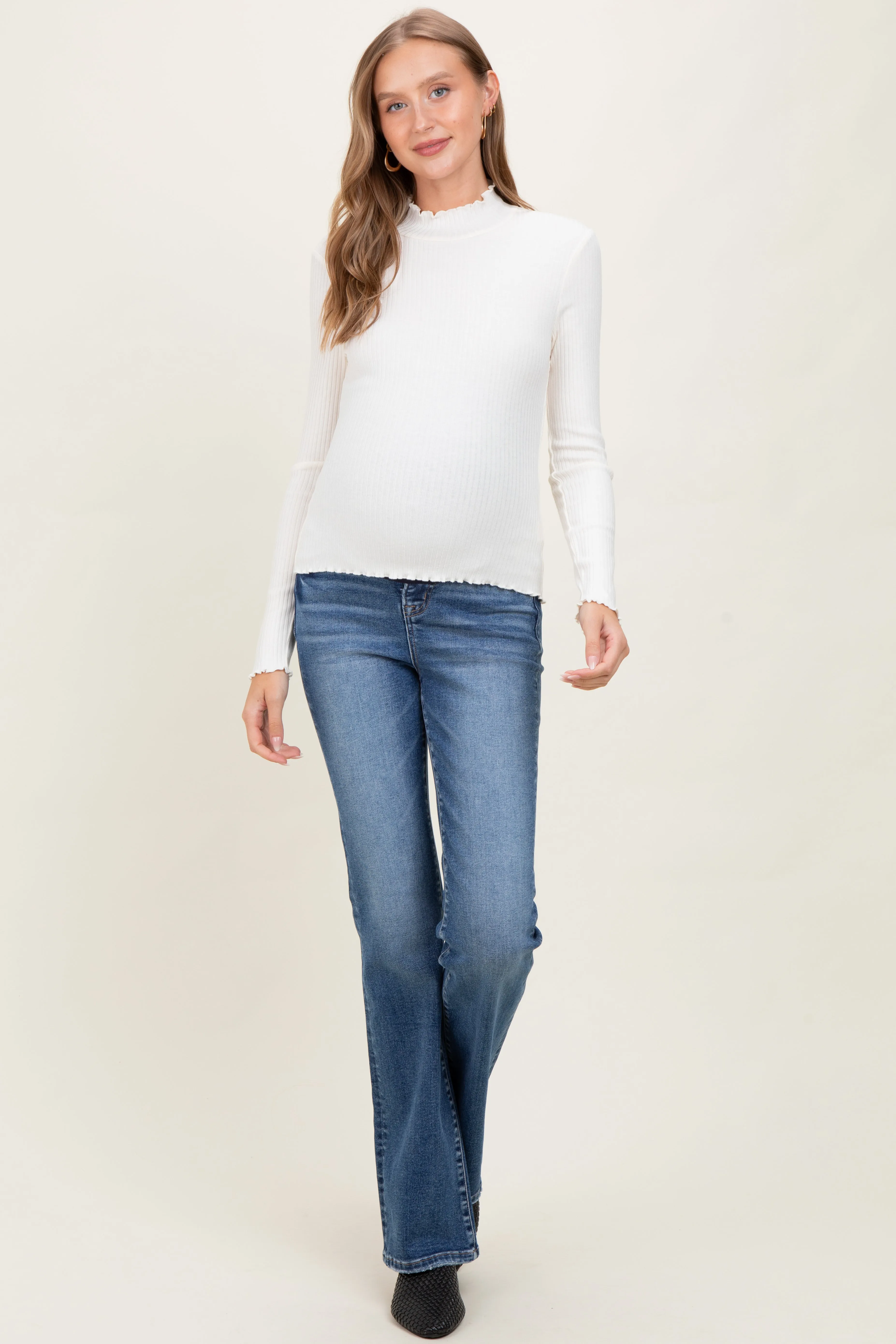 Ivory Lettuce Edge Mock Neck Long Sleeve Rib Maternity Top sold by Pinkblush product image thumbnail 2