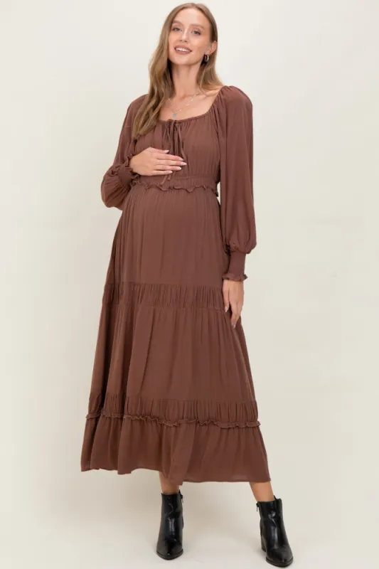 Mocha Square Neck Long Sleeve Maternity Maxi Dress sold by Pinkblush