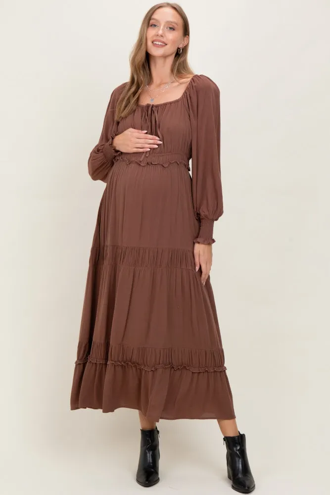 Mocha Square Neck Long Sleeve Maternity Maxi Dress sold by Pinkblush