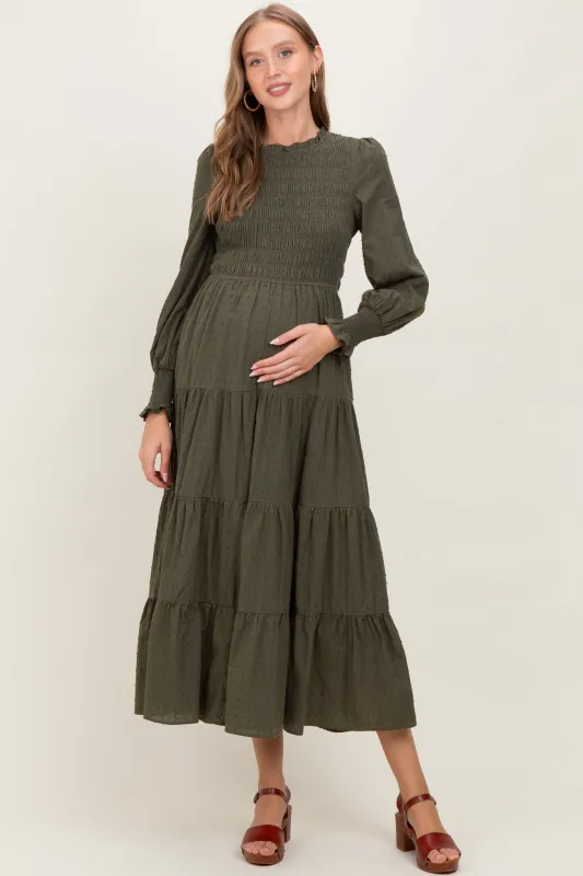 Olive Swiss Dot Smocked Tiered Maternity Maxi Dress sold by Pinkblush