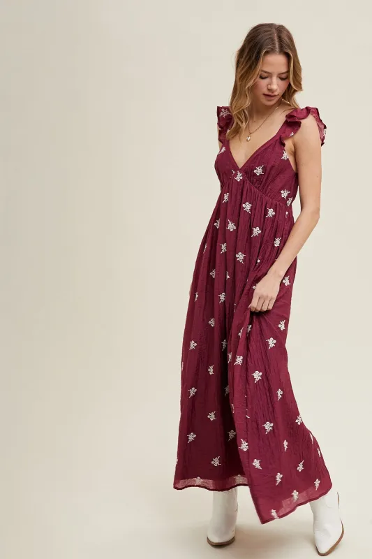 Wine Floral Embroidered V-Neck Midi Dress sold by Pinkblush