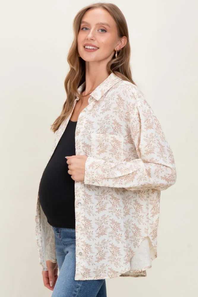 Mocha Floral Cotton Gauze Oversized Button-Down Maternity Shirt sold by Pinkblush product image thumbnail 3