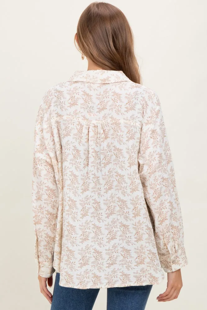 Mocha Floral Cotton Gauze Oversized Button-Down Maternity Shirt sold by Pinkblush product image thumbnail 4