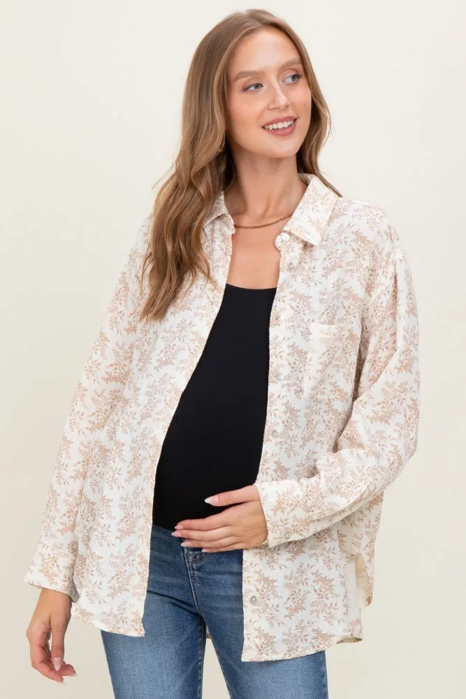 Mocha Floral Cotton Gauze Oversized Button-Down Maternity Shirt sold by Pinkblush