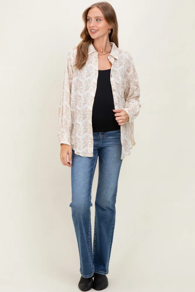 Mocha Floral Cotton Gauze Oversized Button-Down Maternity Shirt sold by Pinkblush product image thumbnail 2