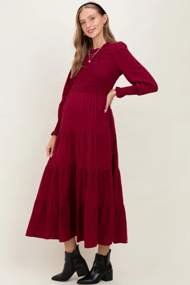 Burgundy Swiss Dot Smocked Tiered Maternity Maxi Dress sold by Pinkblush product image thumbnail 3
