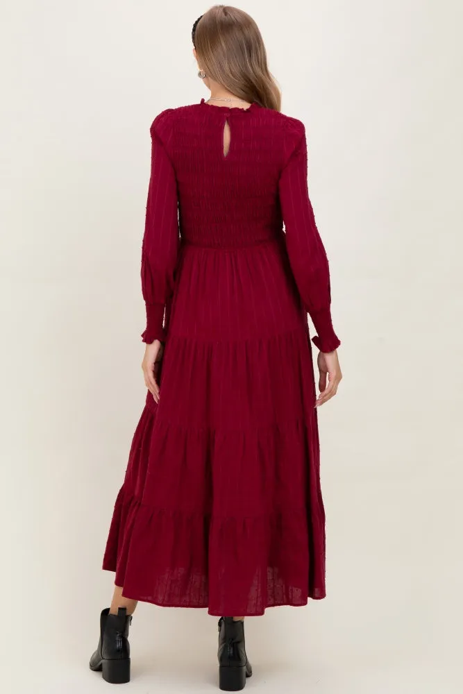 Burgundy Swiss Dot Smocked Tiered Maternity Maxi Dress sold by Pinkblush product image thumbnail 4