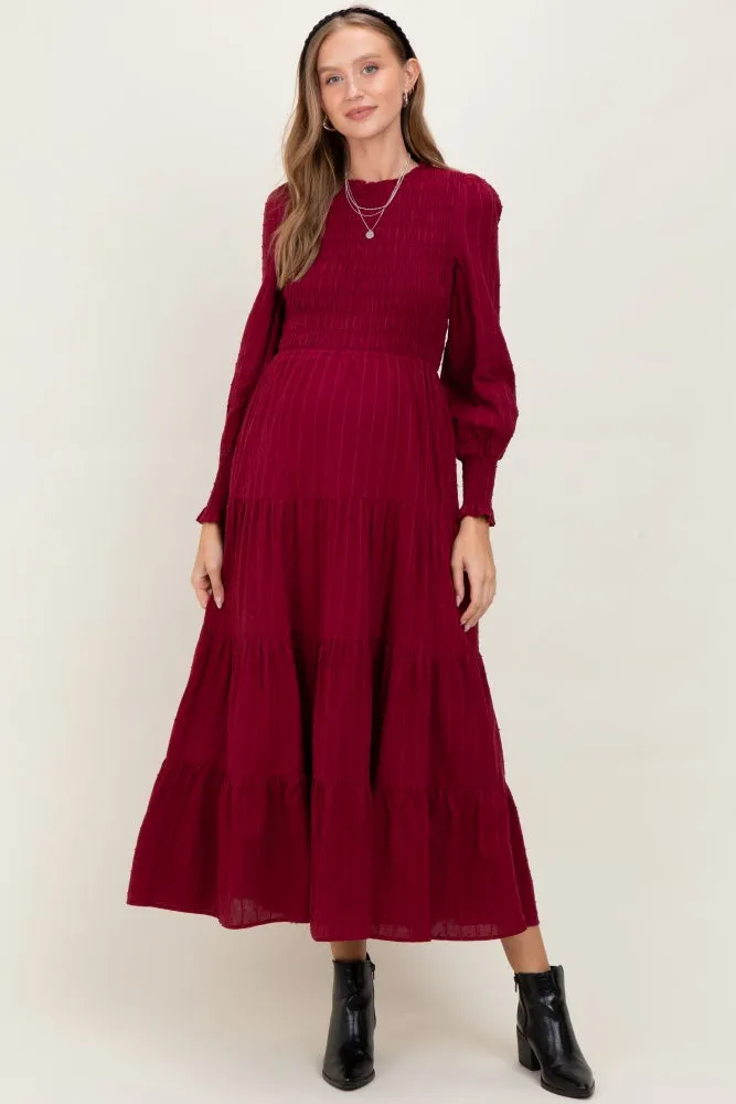 Burgundy Swiss Dot Smocked Tiered Maternity Maxi Dress sold by Pinkblush