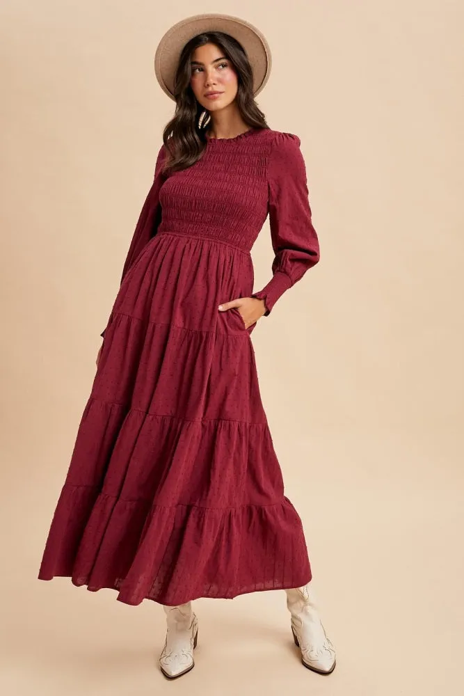 Burgundy Swiss Dot Smocked Tiered Maternity Maxi Dress sold by Pinkblush product image thumbnail 5