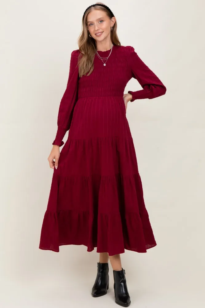 Burgundy Swiss Dot Smocked Tiered Maternity Maxi Dress sold by Pinkblush product image thumbnail 2