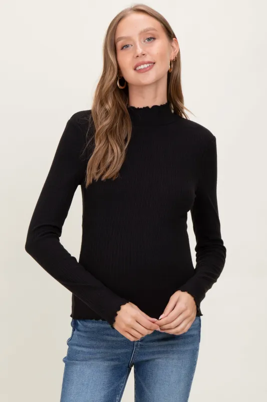 Black Lettuce Edge Mock Neck Long Sleeve Rib Maternity Top sold by Pinkblush