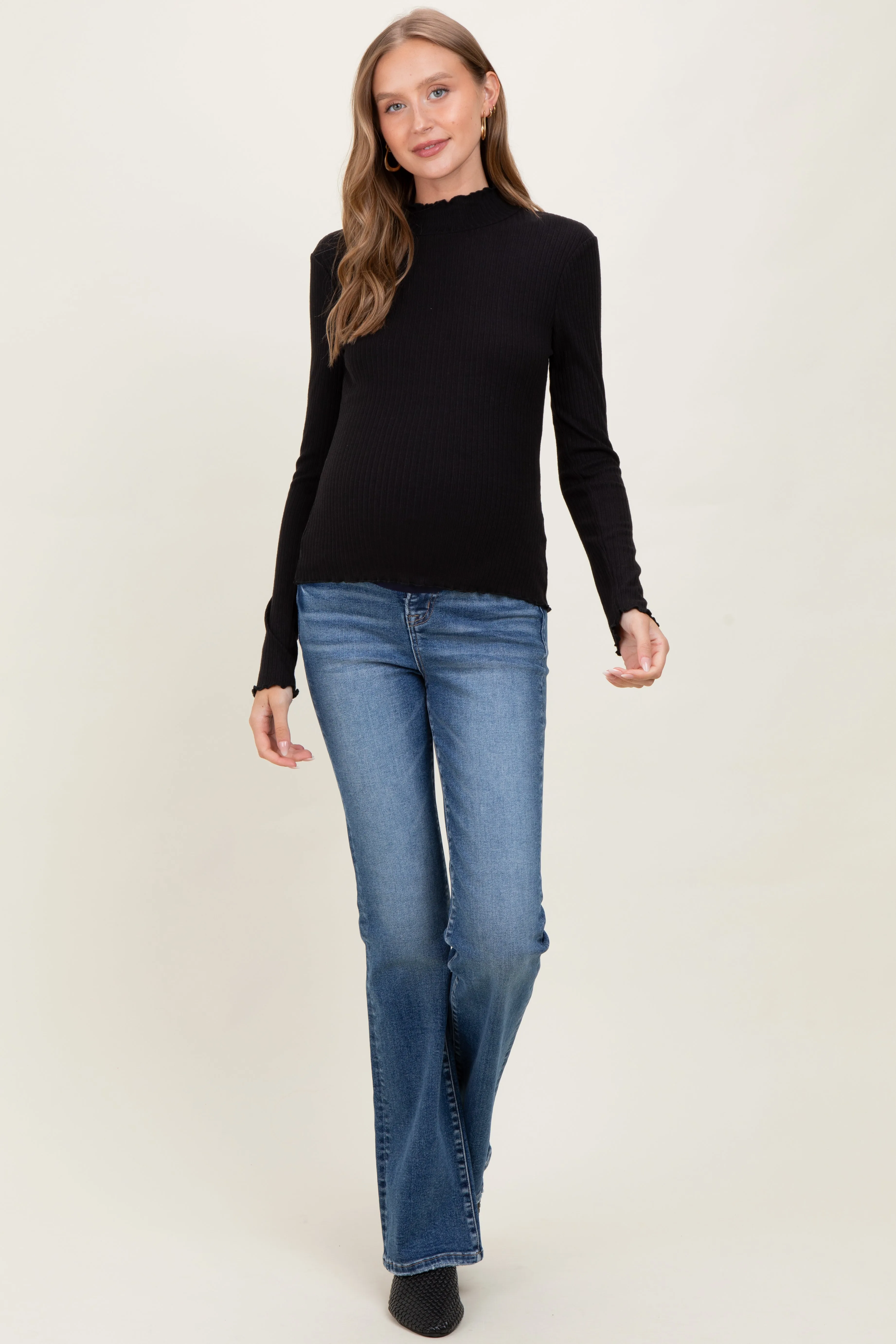 Black Lettuce Edge Mock Neck Long Sleeve Rib Maternity Top sold by Pinkblush product image thumbnail 2