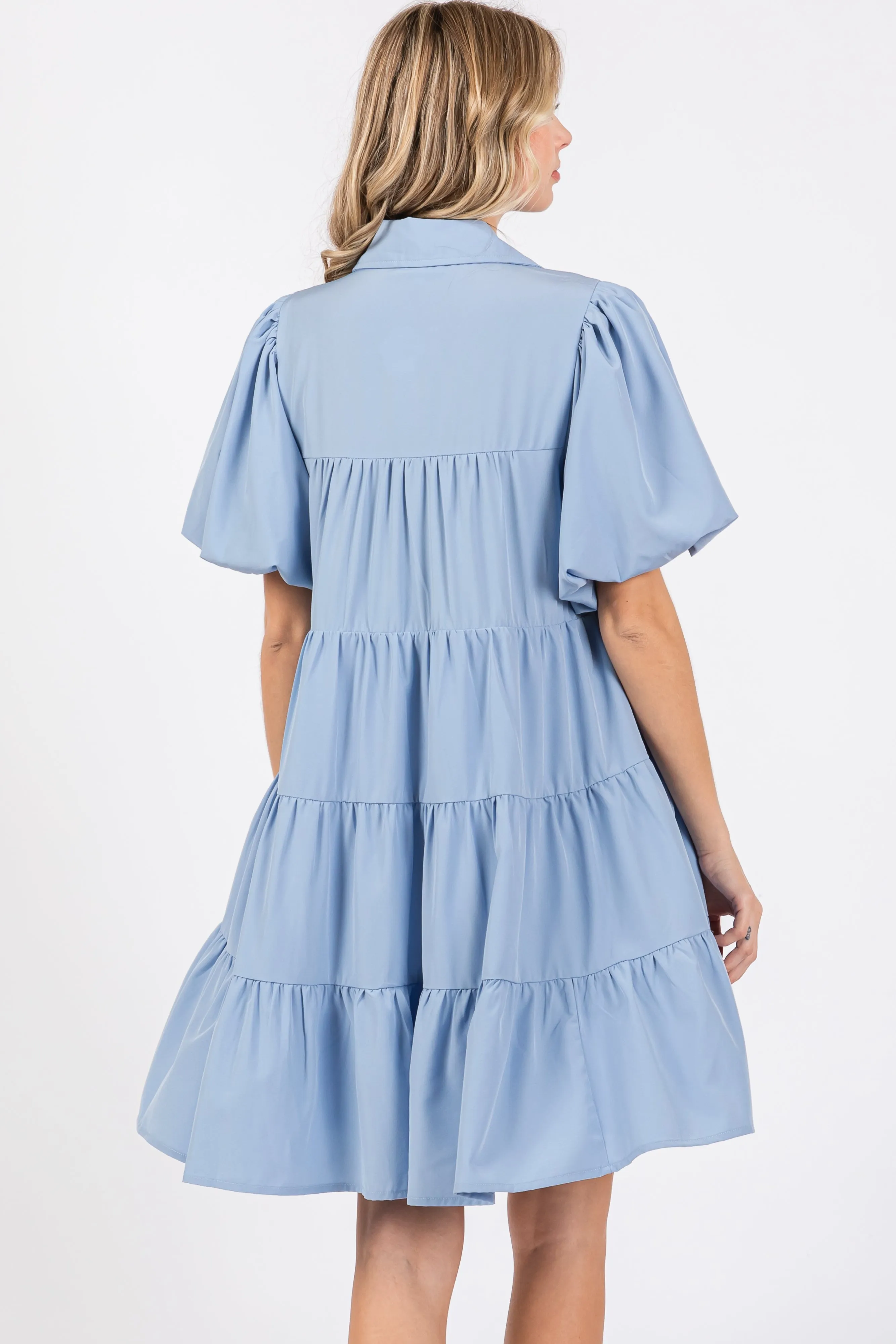 Light Blue Puff Sleeve Mini Shirt Dress sold by Pinkblush product image thumbnail 3