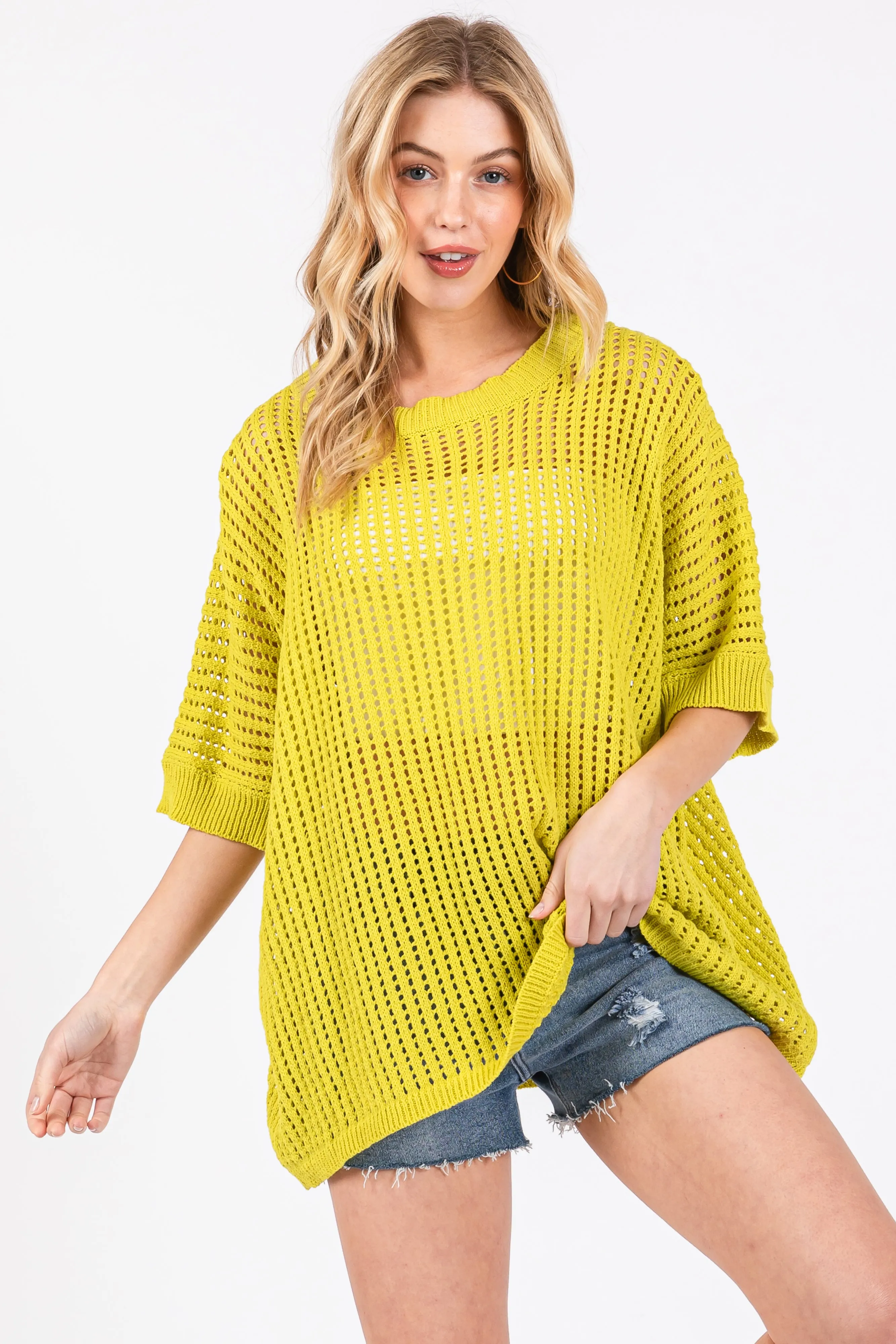 Lime Crochet Knit Short Dolman Sleeve Top sold by Pinkblush
