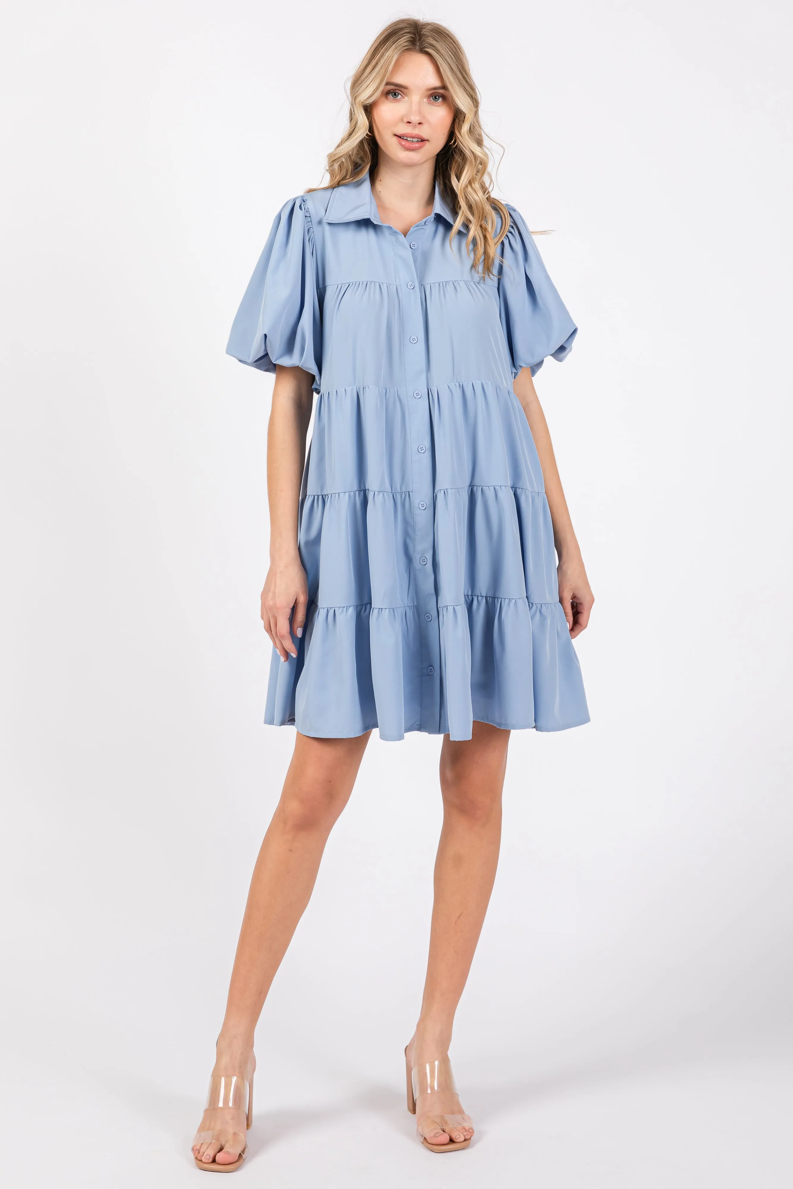 Light Blue Puff Sleeve Mini Shirt Dress sold by Pinkblush