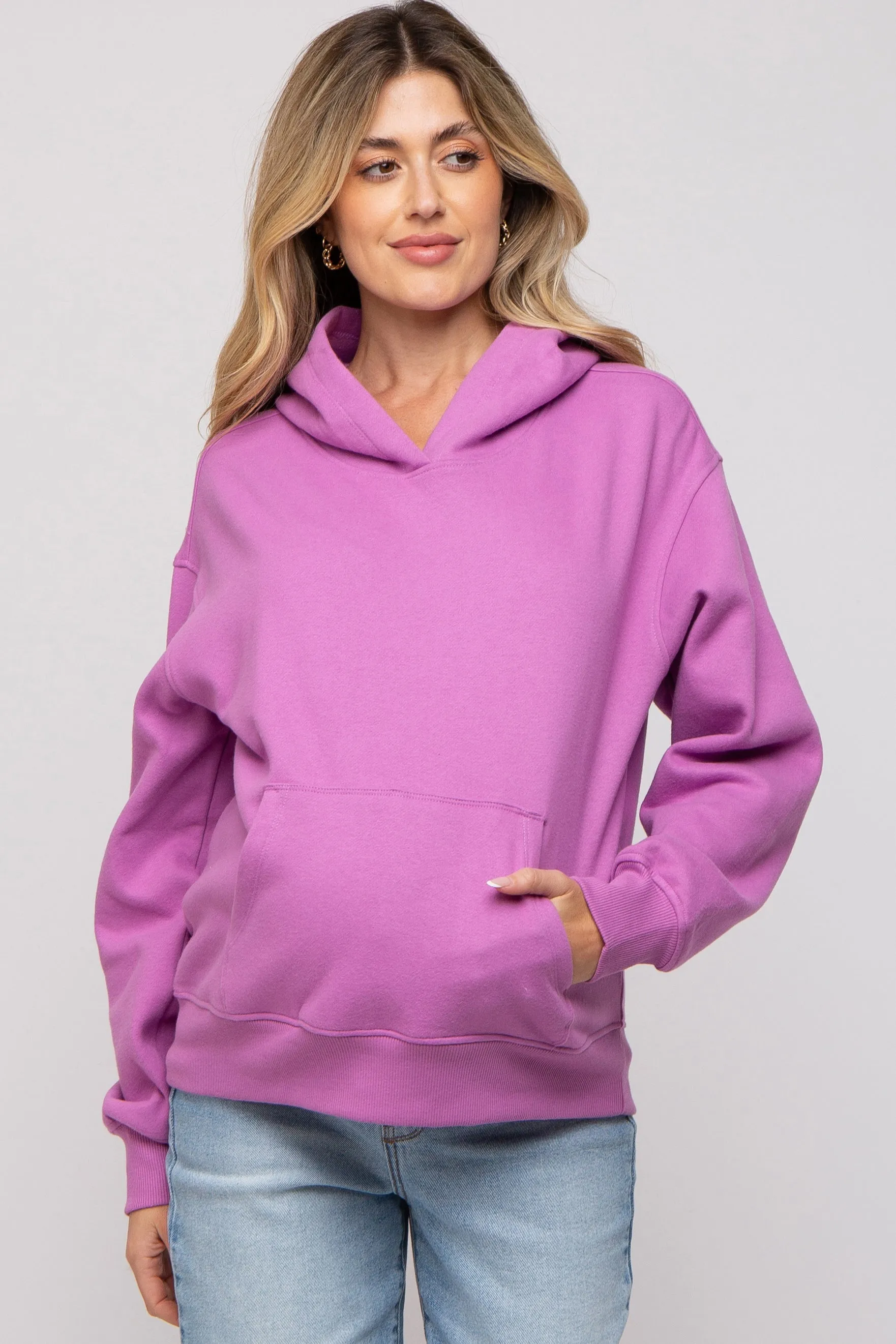 Lavender Front Pocket Hooded Fleece Maternity Sweatshirt sold by Pinkblush
