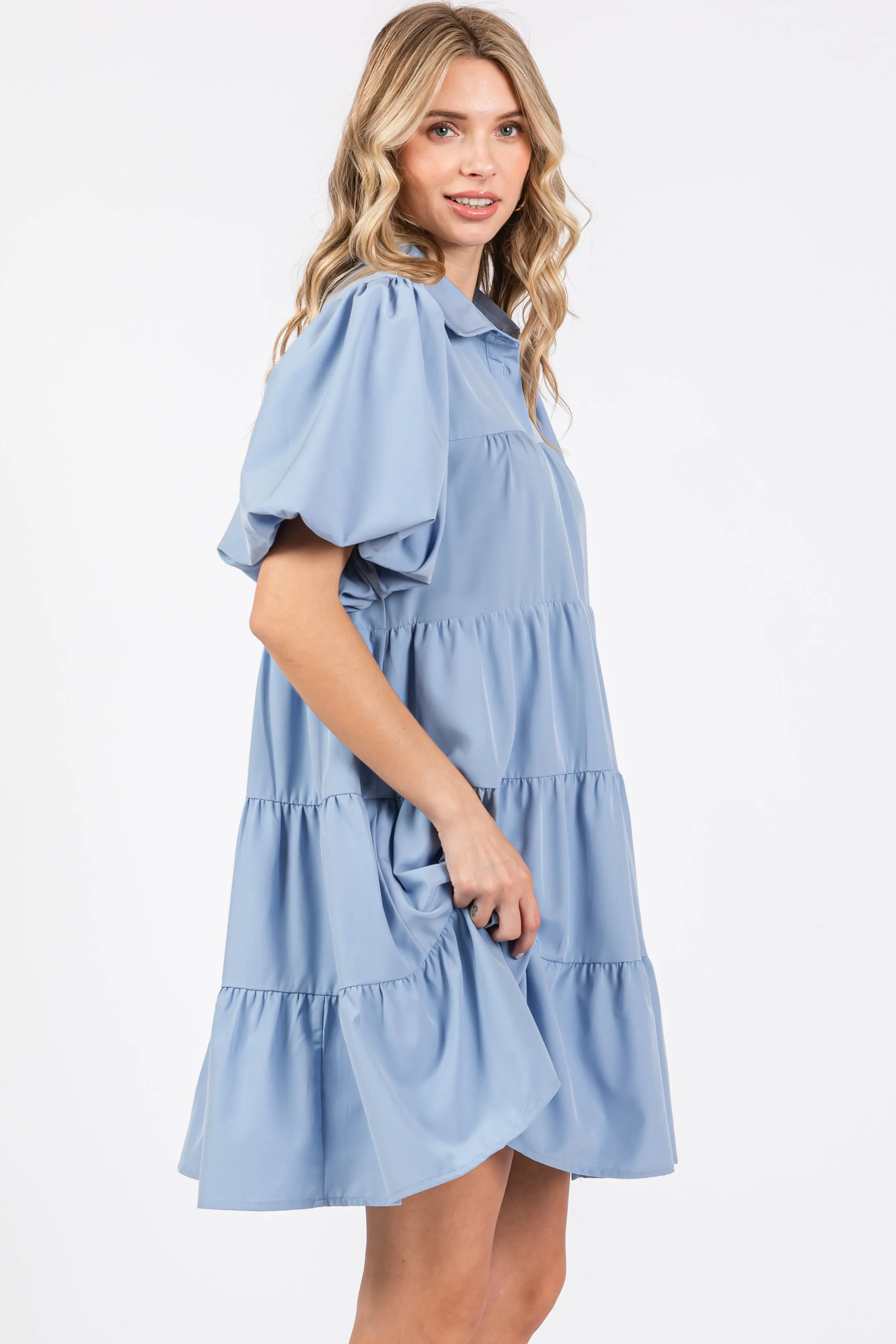 Light Blue Puff Sleeve Mini Shirt Dress sold by Pinkblush product image thumbnail 2