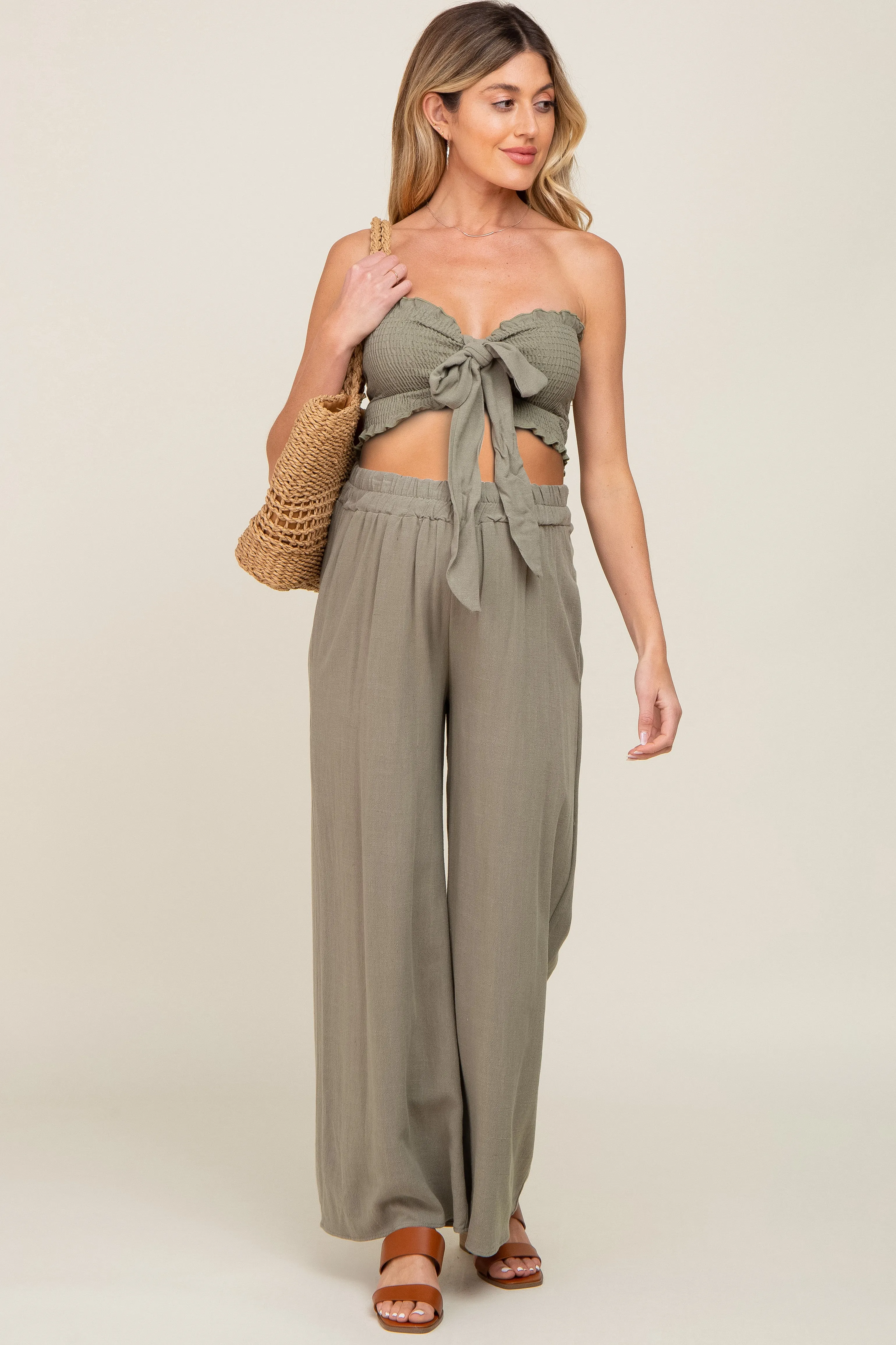Olive Front Tie Crop Top and Pant Maternity Set sold by Pinkblush