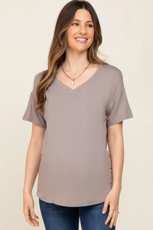 Taupe V-Neck Basic Maternity Top sold by Pinkblush