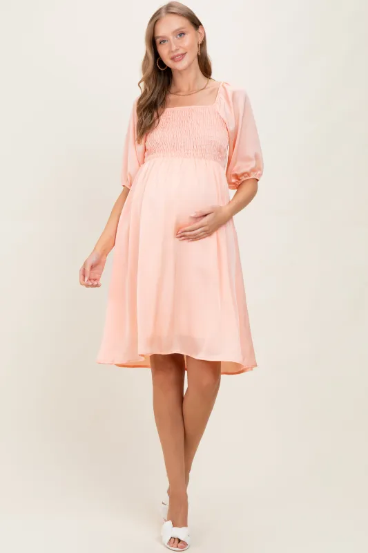 Peach Satin Smocked Maternity Midi Dress made by Chris & Carol