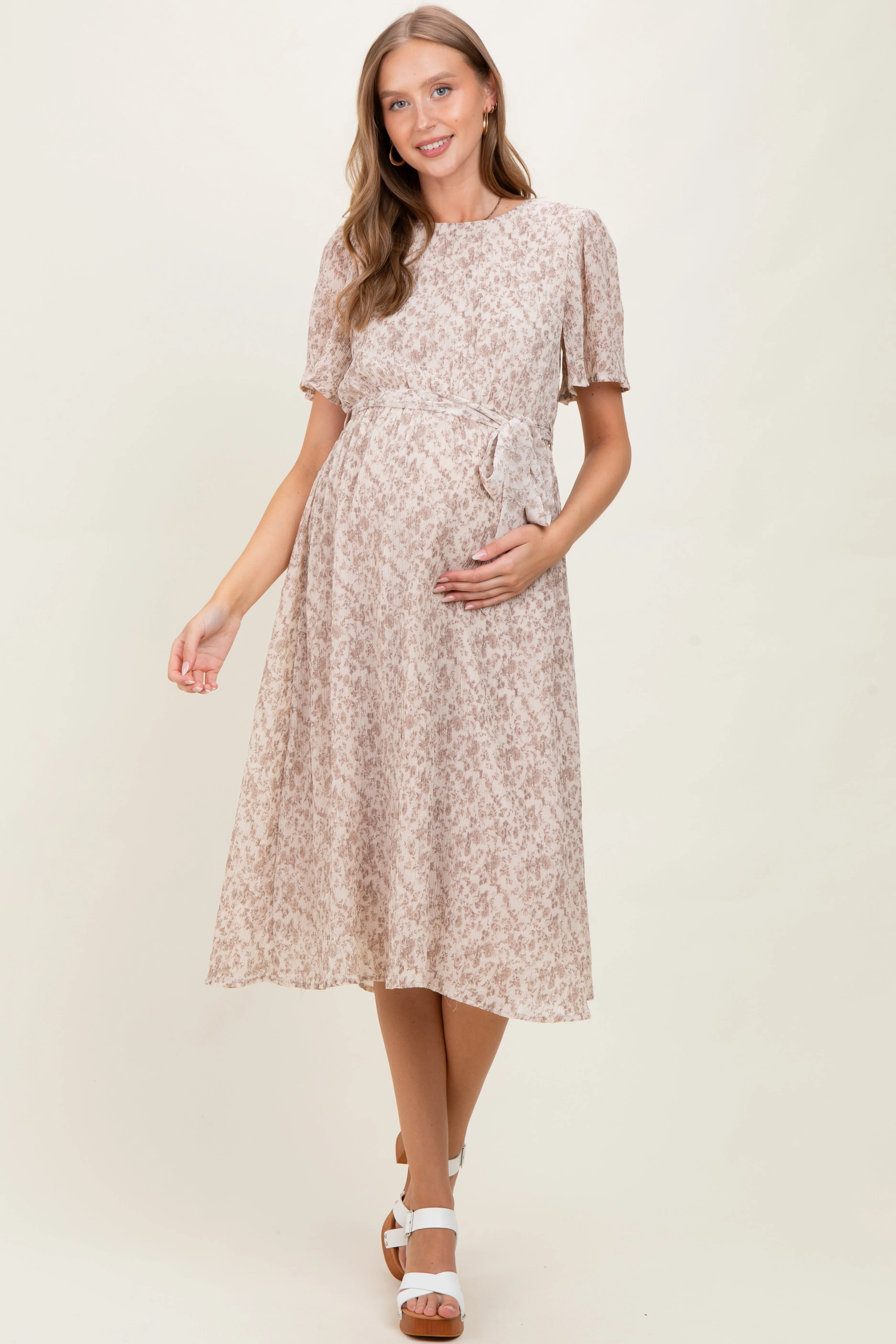 Ivory Floral Plisse Chiffon Maternity Midi Dress sold by Pinkblush product image thumbnail 2