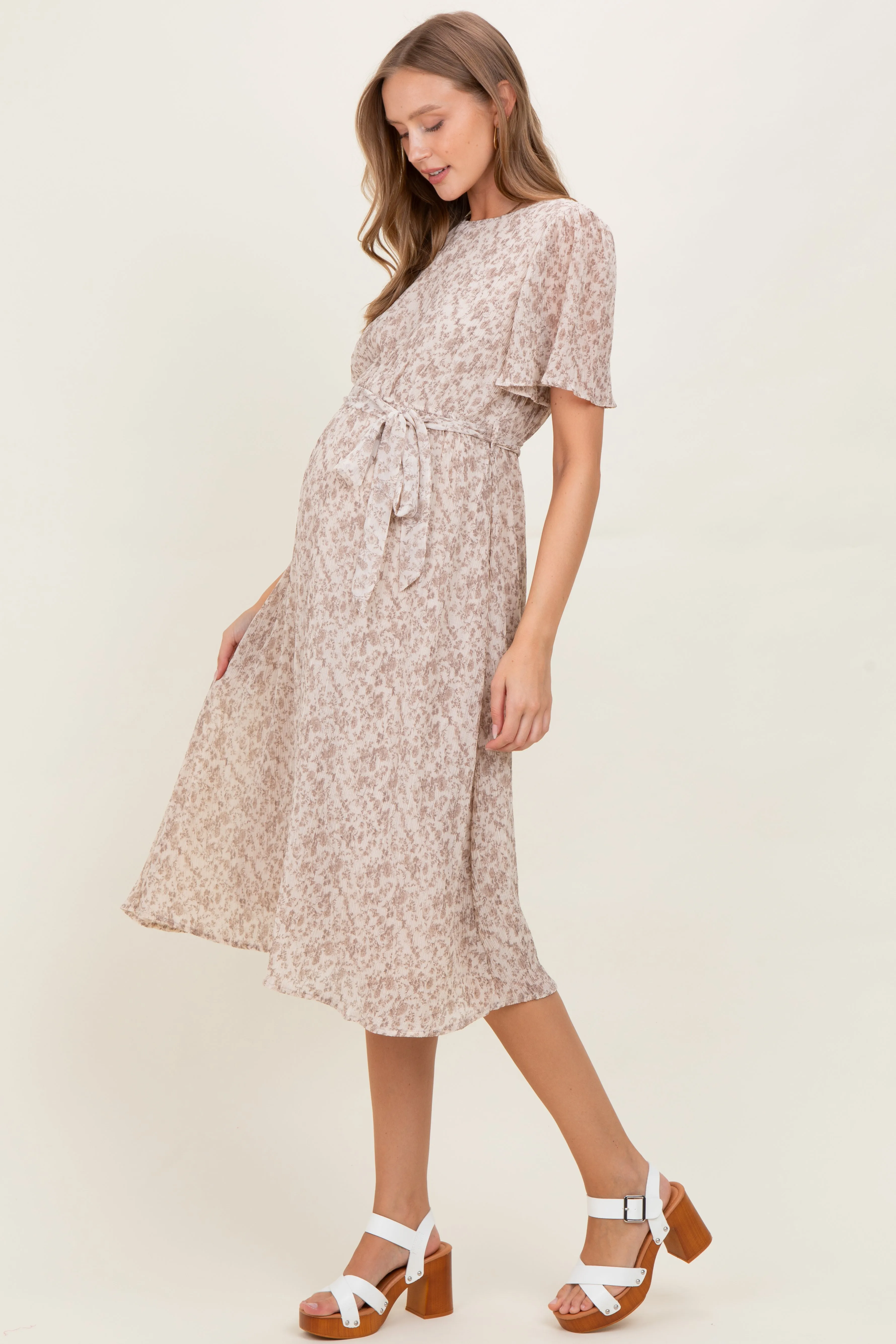Ivory Floral Plisse Chiffon Maternity Midi Dress sold by Pinkblush product image thumbnail 3