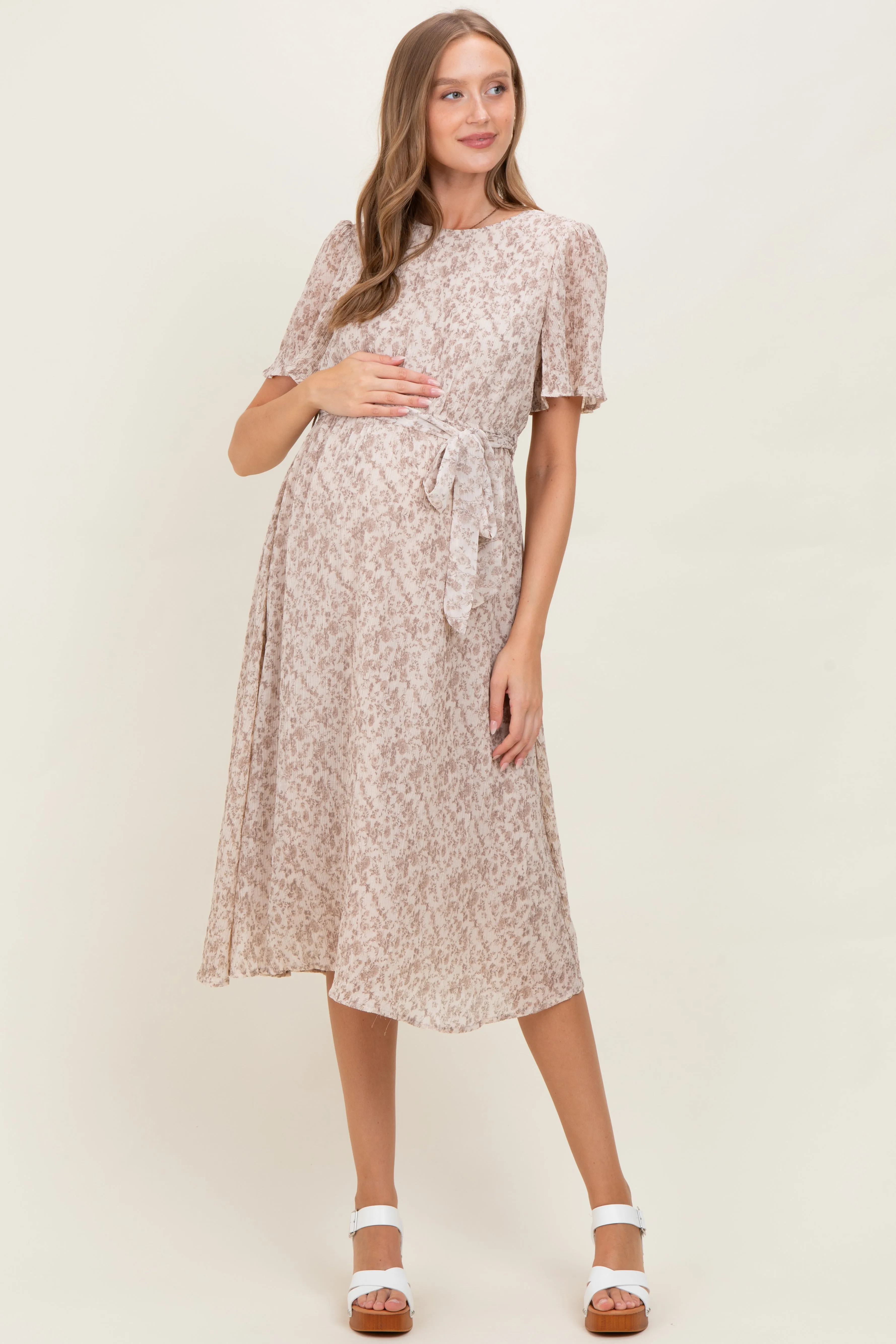 Ivory Floral Plisse Chiffon Maternity Midi Dress sold by Pinkblush