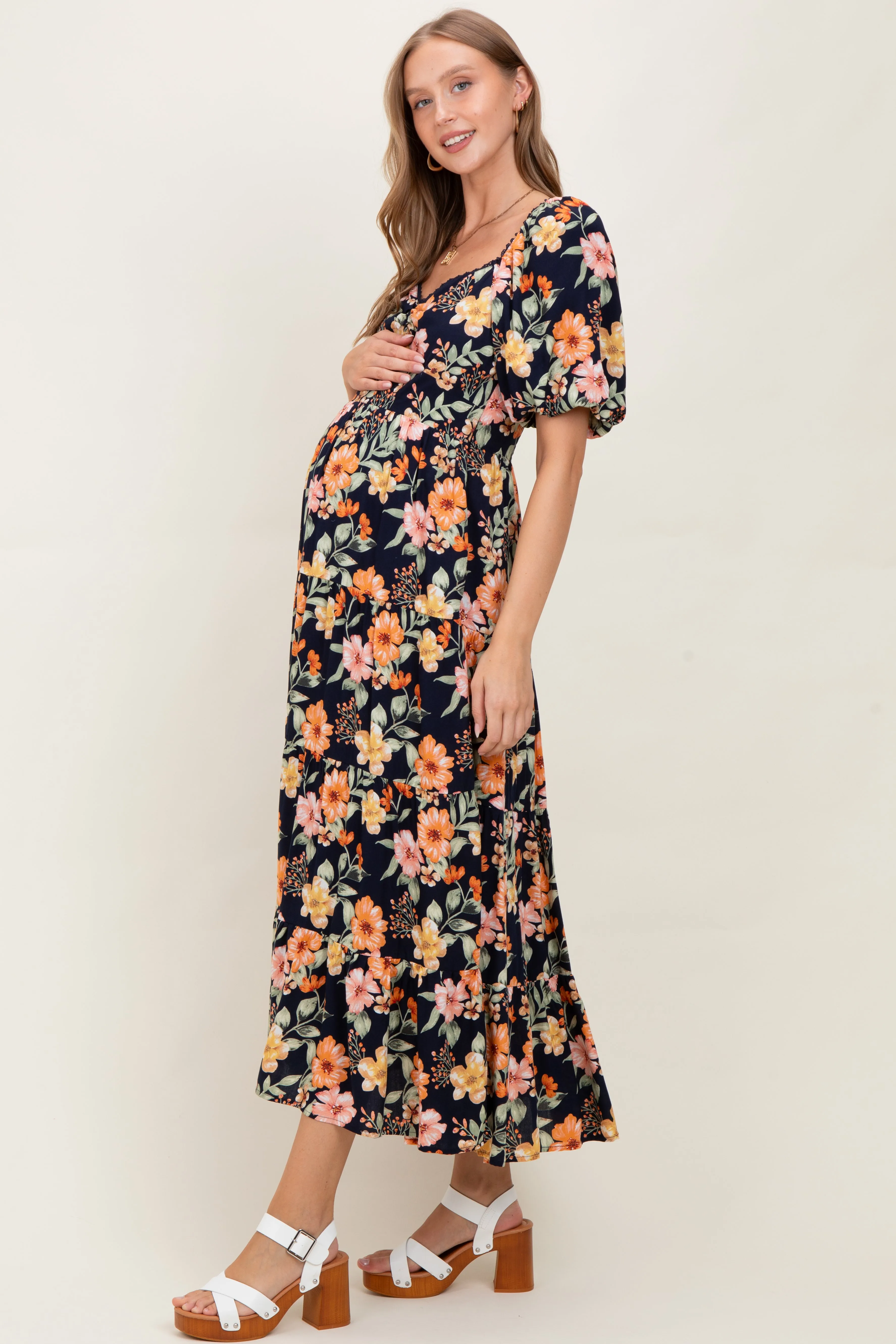 Navy Floral Tiered Puff Sleeve Maternity Maxi Dress sold by Pinkblush product image thumbnail 3