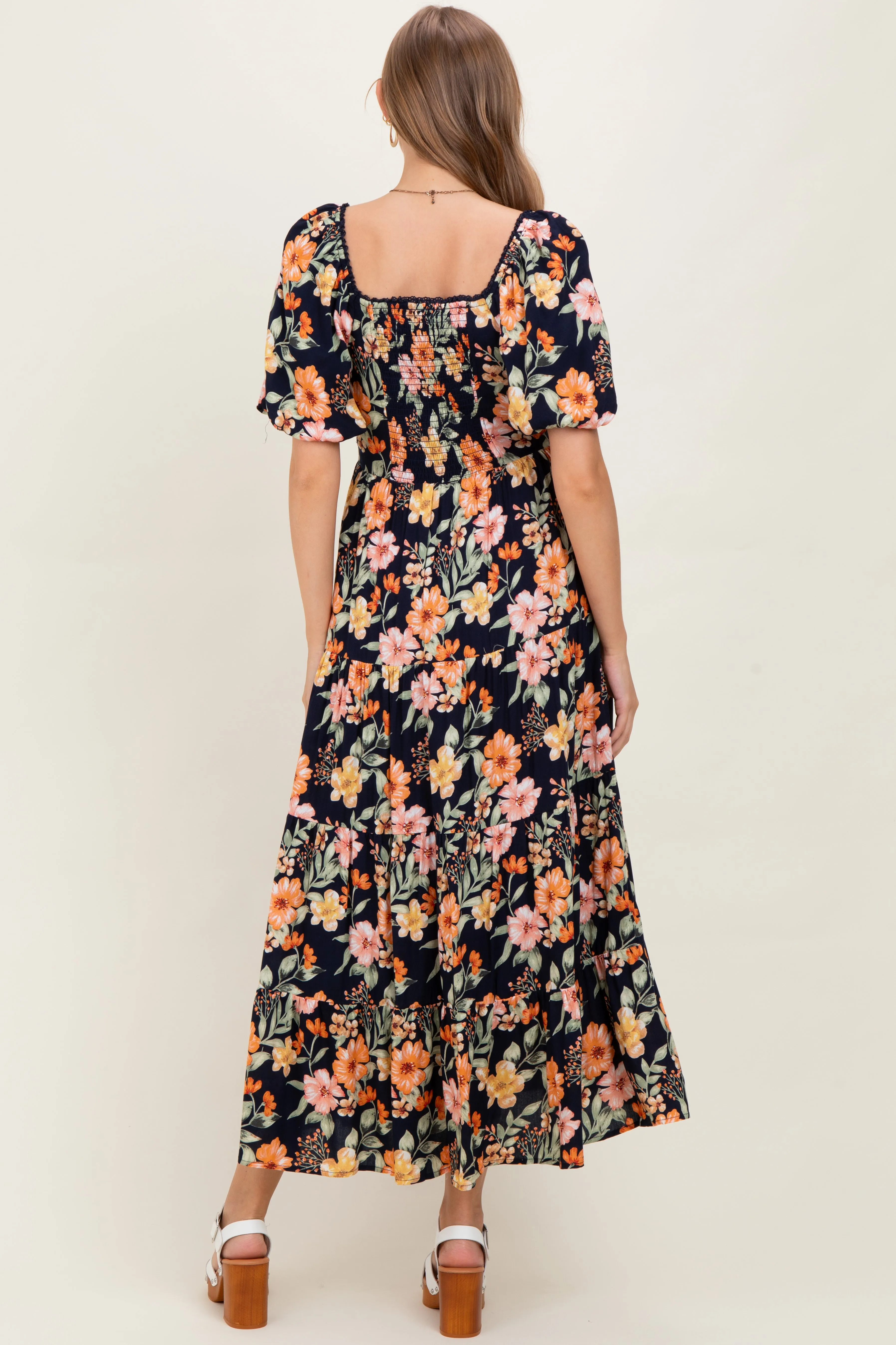 Navy Floral Tiered Puff Sleeve Maternity Maxi Dress sold by Pinkblush product image thumbnail 4
