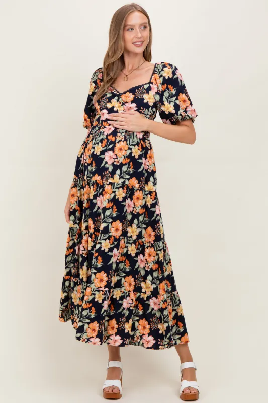 Navy Floral Tiered Puff Sleeve Maternity Maxi Dress sold by Pinkblush