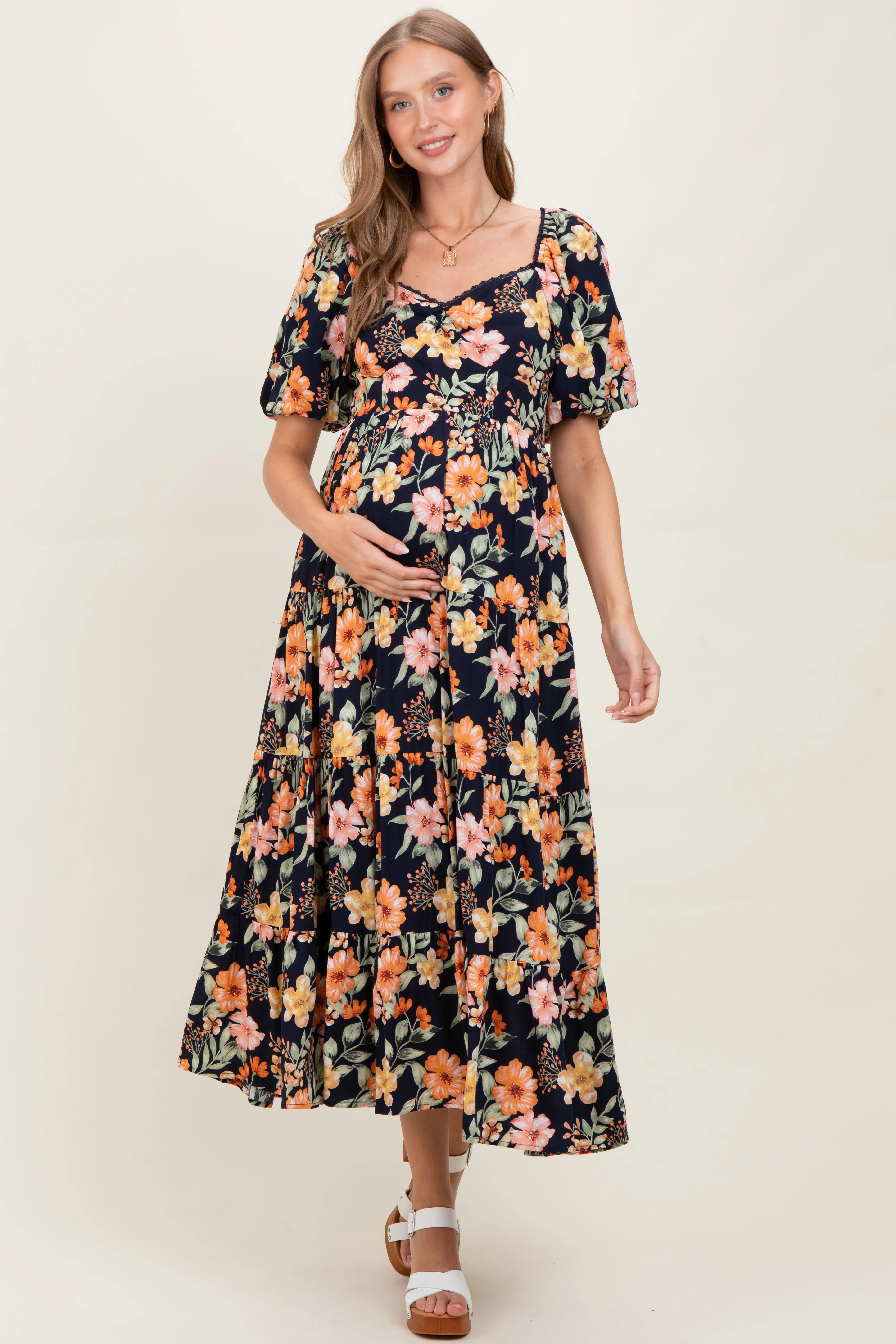 Navy Floral Tiered Puff Sleeve Maternity Maxi Dress sold by Pinkblush product image thumbnail 2
