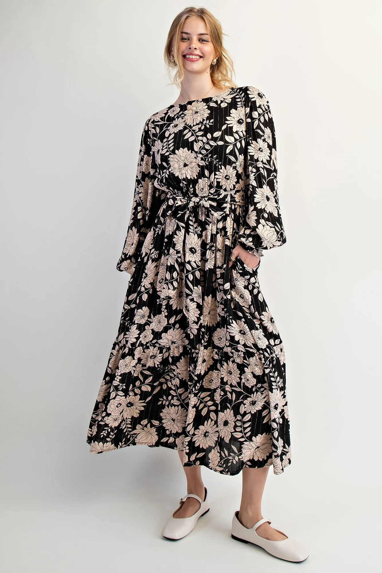 Black Floral Striped Long Sleeve Midi Dress sold by Pinkblush
