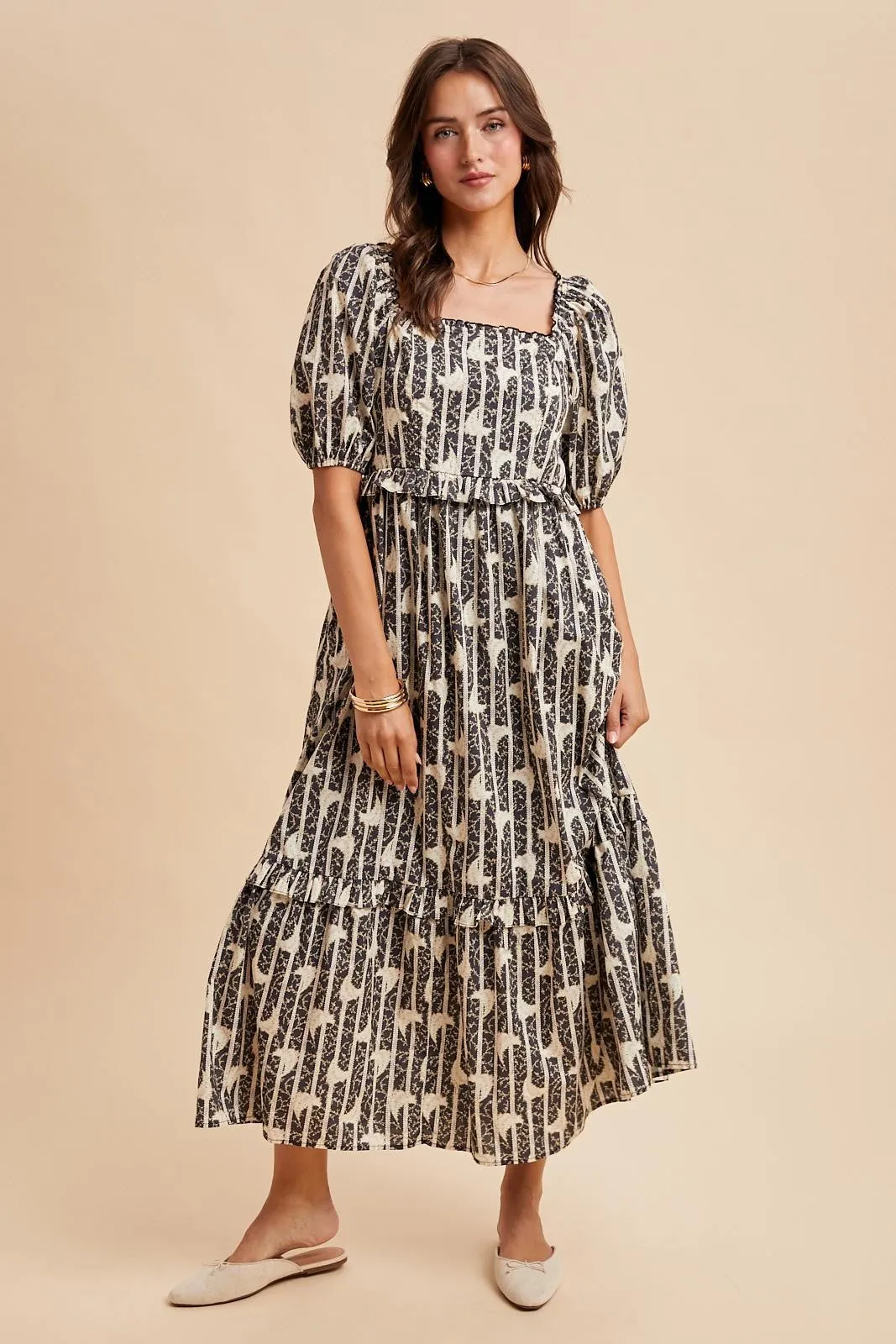 Navy Floral Stripe Ruffle Accent Midi Dress sold by Pinkblush