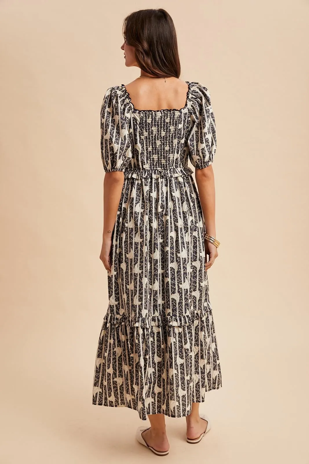 Navy Floral Stripe Ruffle Accent Midi Dress sold by Pinkblush product image thumbnail 5