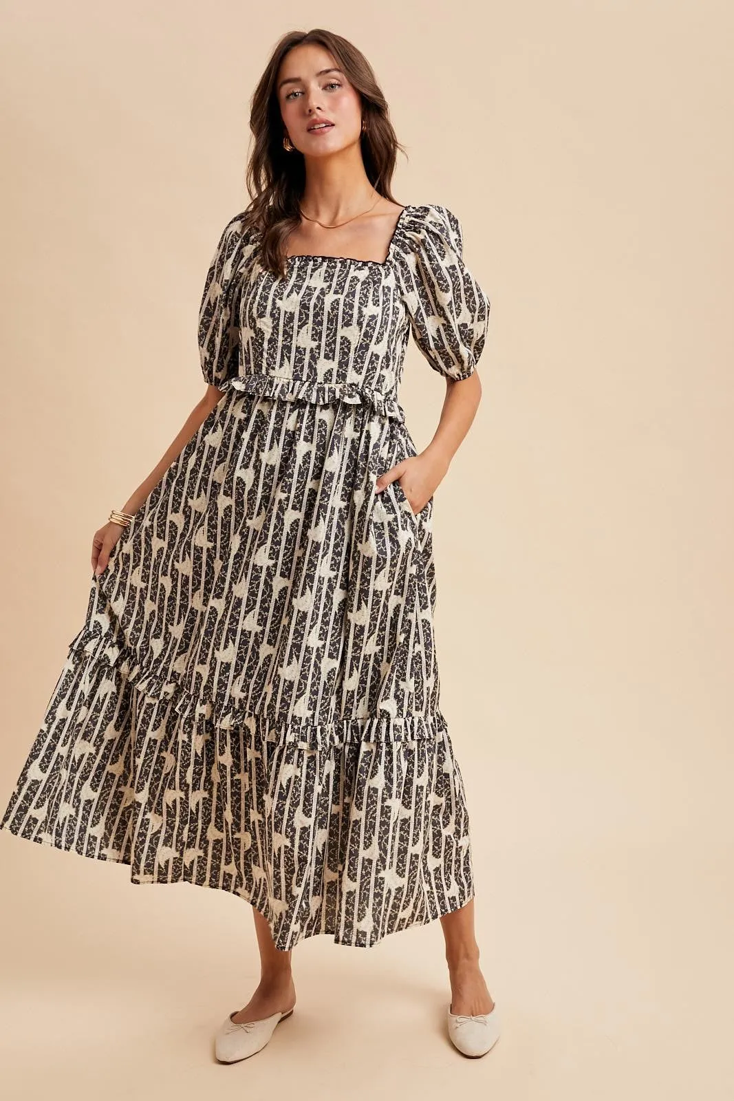 Navy Floral Stripe Ruffle Accent Midi Dress sold by Pinkblush product image thumbnail 2