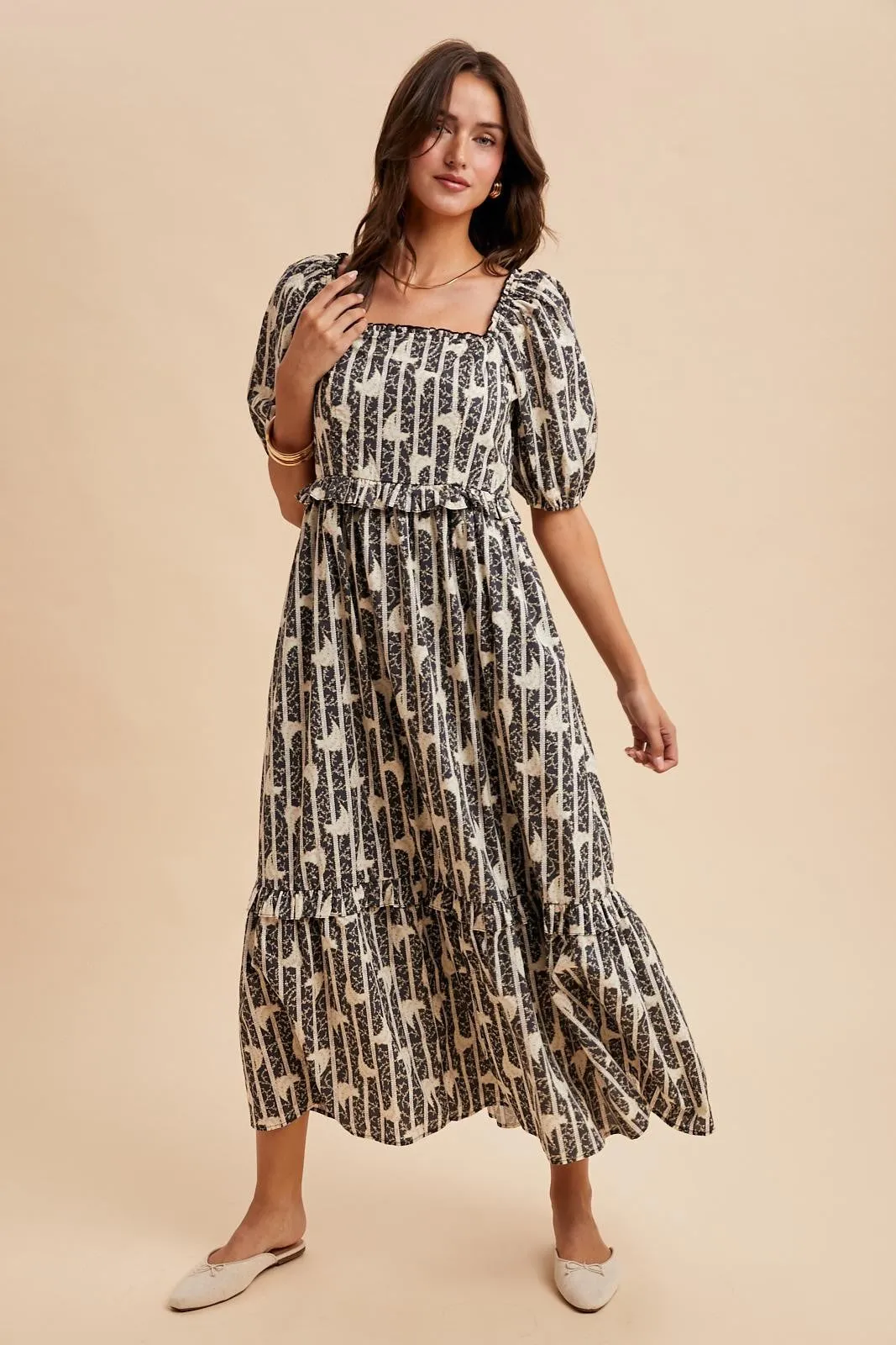 Navy Floral Stripe Ruffle Accent Midi Dress sold by Pinkblush product image thumbnail 3
