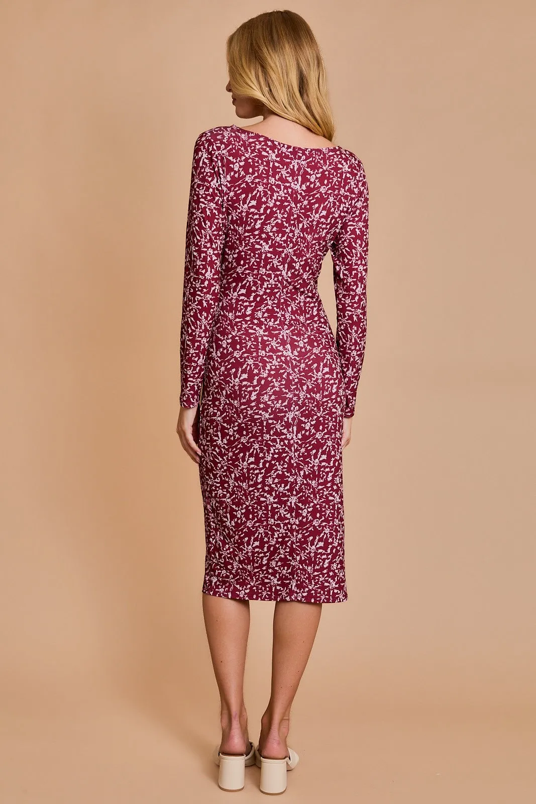 Wine Abstract Waist Tie Detail Long Sleeve Midi Dress sold by Pinkblush product image thumbnail 3
