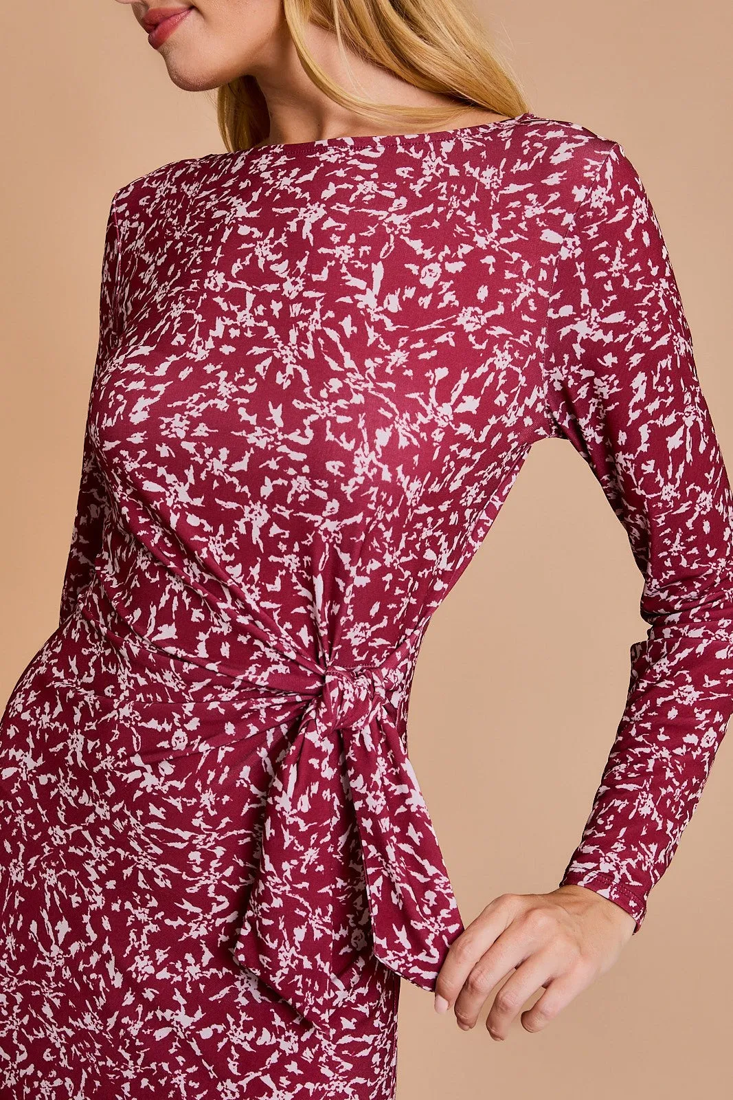 Wine Abstract Waist Tie Detail Long Sleeve Midi Dress sold by Pinkblush product image thumbnail 4