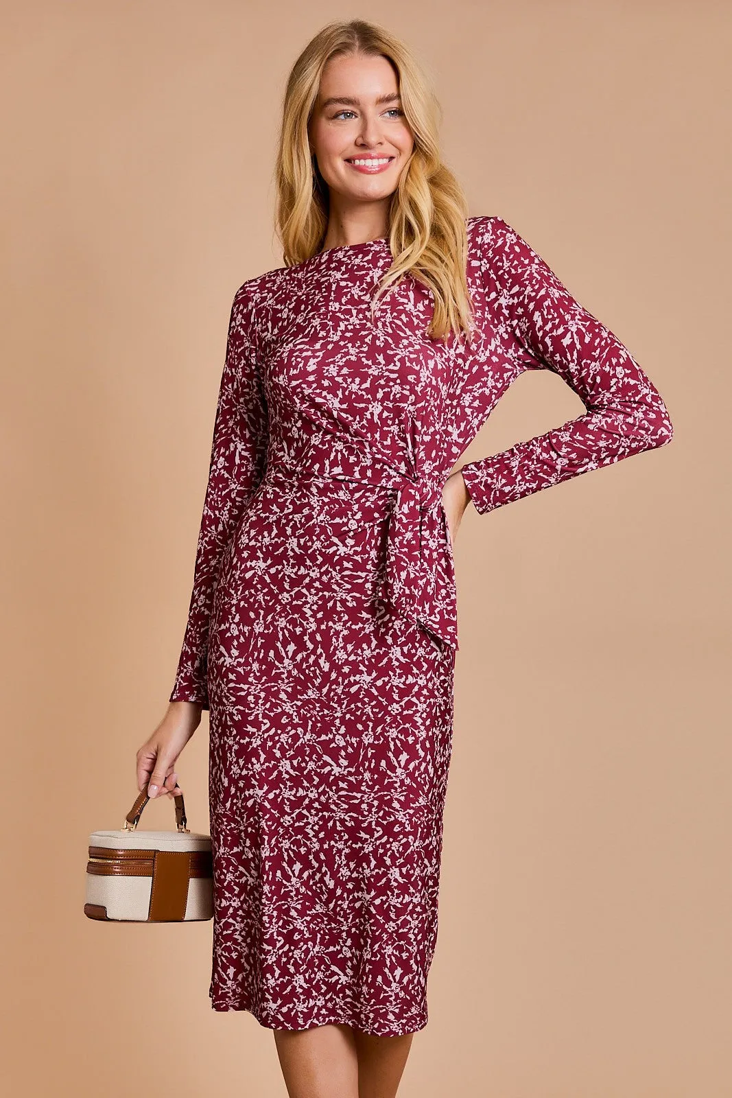 Wine Abstract Waist Tie Detail Long Sleeve Midi Dress sold by Pinkblush