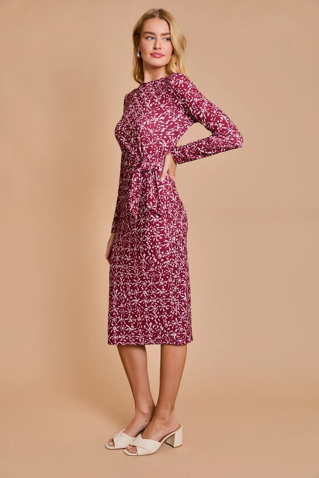 Wine Abstract Waist Tie Detail Long Sleeve Midi Dress sold by Pinkblush product image thumbnail 2
