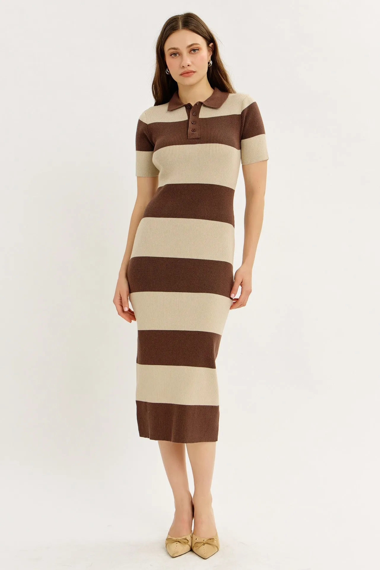 Brown Ribbed Striped Knit Polo Midi Dress sold by Pinkblush product image thumbnail 2