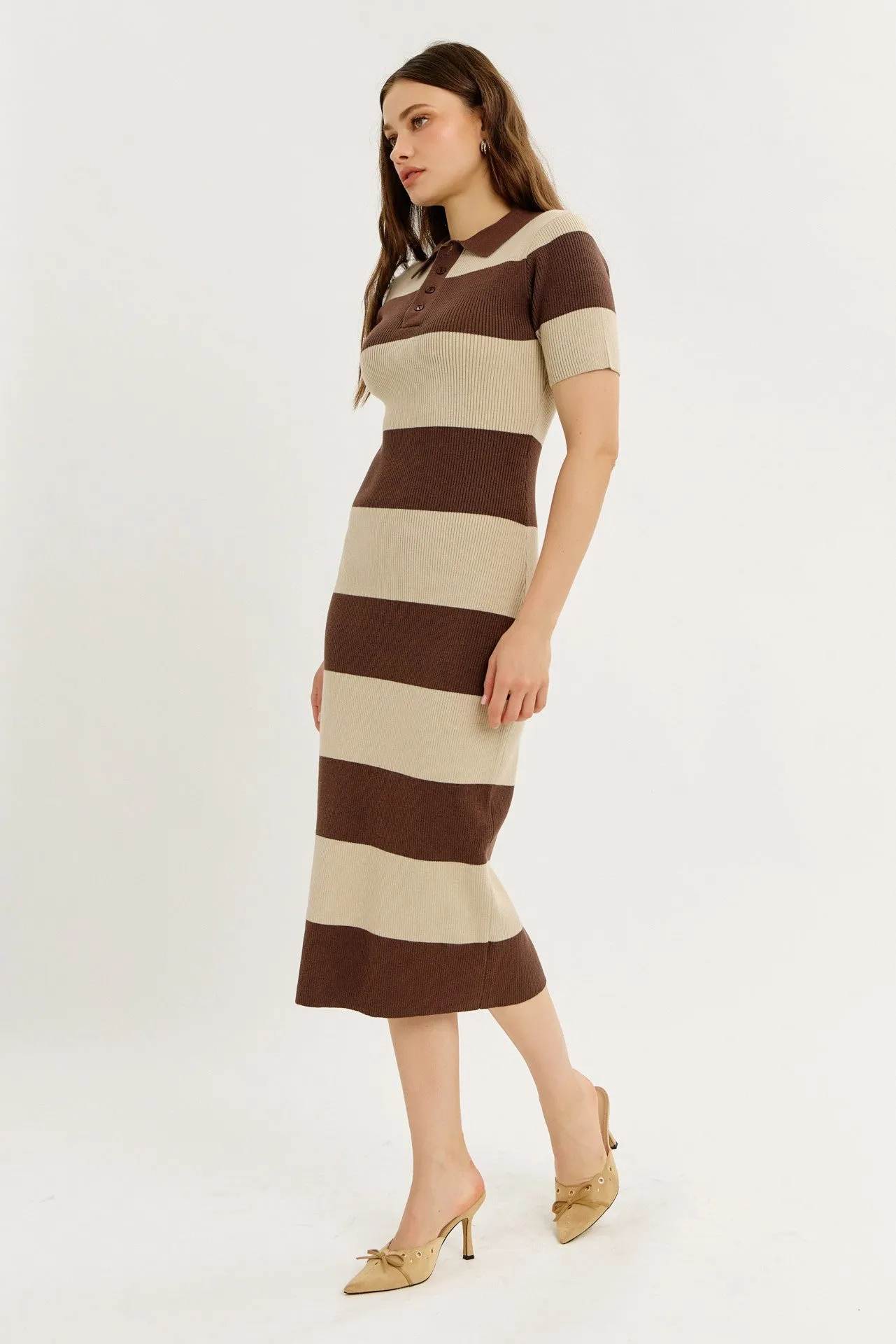 Brown Ribbed Striped Knit Polo Midi Dress sold by Pinkblush product image thumbnail 3
