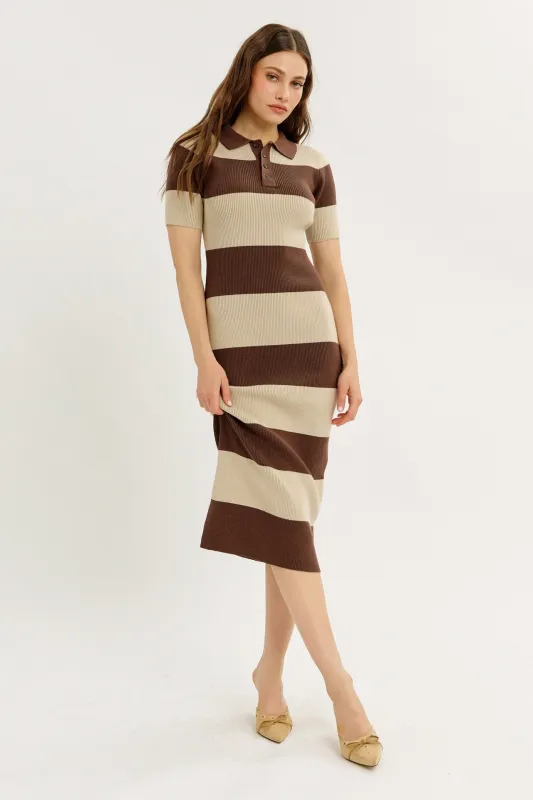 Brown Ribbed Striped Knit Polo Midi Dress sold by Pinkblush