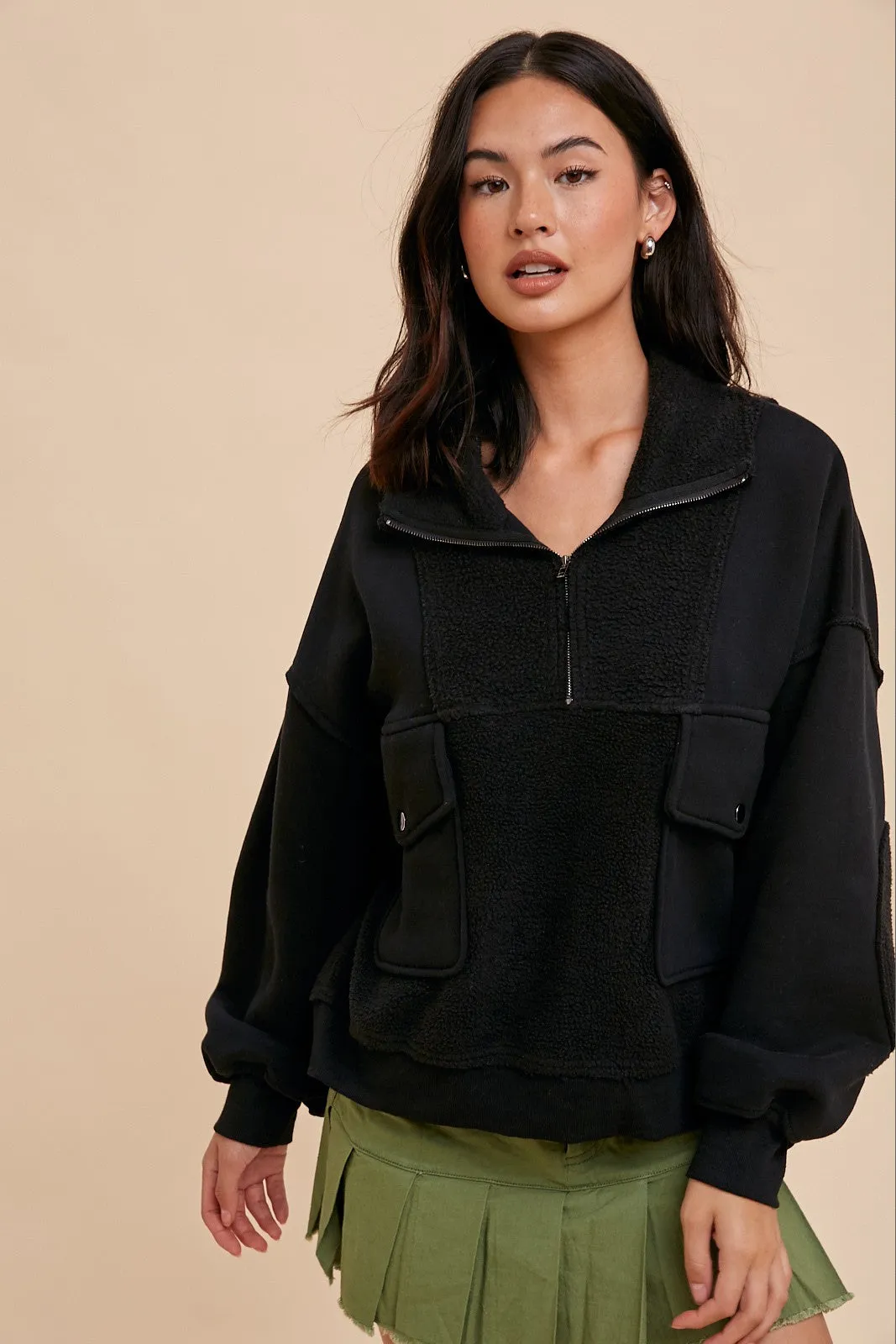 Black Contrast Reversed Fleece 1/4 Zip Pullover sold by Pinkblush